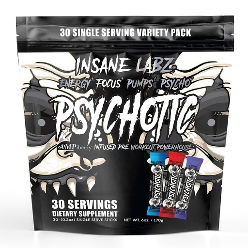 [BRSRABT6A4DQKALV] Insane Labz Psychotic Black Edition Mid Stimulant Pre Workout Powder, Energy Focus Pumps, Loaded with Creatine Beta Alanine Taurine Fueled by AMPiberry, Variety 30 Servings
