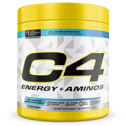 [BRSREYAZAV7AYYAY] C4 Energy + Aminos Powder, 5g BCAAs & EAAs for Muscle Recovery, 3 Electrolytes for Hydration, 100mg Natural Caffeine, Pre Workout, Zero Sugar, 30 Servings, Blue Raspberry