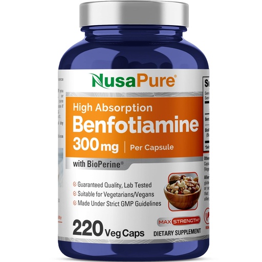 [BRSWGZT6CB7Q43IU] NusaPure Benfotiamine 300mg Per Veggie Caps 220 Count (Non-GMO, Vegan) Bioperine