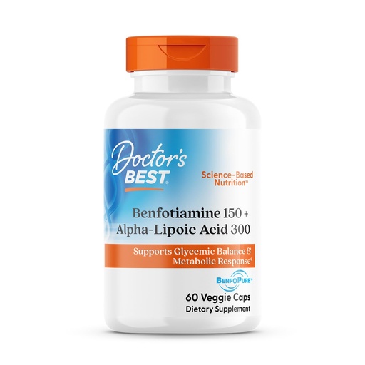 [BRSWI2YZCMCB6HDG] Doctor's Best Benfotiamine + Alpha Lipoic Acid (ALA) Nutritional Supplement - Support for Glycemic Balance & Metabolic Response, Benfotiamine 150 mg & Alpha-Lipoic Acid 300 mg Capsules - 60 Veg Caps