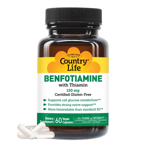 [BRSWIFQYPIHRAEQZ] Country Life Benfotiamine with Thiamin, Nerve Health Support, 150mg, 60 Vegetarian Capsules, Certified Gluten Free, Certified Vegan