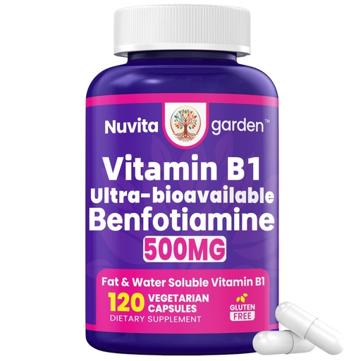 [BRSRGZL3B4PBYEL2] Benfotiamine 500mg + 20mg Vitamin B1, 120 Veggie Capsules, High Potency Fat Soluble Essential Vitamin B1 Thiamine Supplement, Supports Overall Health, Non-GMO, Gluten Free
