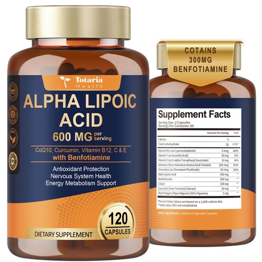 [BRSREFIDBUPRY3T5] Alpha Lipoic Acid 600mg with Benfotiamine 300mg - ALA Supplement for Antioxidant, Nerve Health, Energy & Metabolism Support, Cell Energy, Neuropathy Supplement, Anti-Aging, Non-GMO, Gluten Free, Vegan