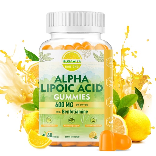 [BRSRABLRBZ7WKDTD] Pure R-Alpha Lipoic Acid 600mg with Benfotiamine for Nerve Support, Antioxidant Support, ALA Supplement Alpha Lipoic Acid Gummies - Vegan, Sugar-Free, 60 Counts
