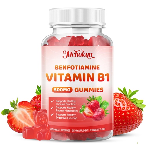 [BRSRGZQKOYNBE2Y3] Vitamin B1 Gummies 500mg with Benfotiamine – Thiamine Supplement for Women & Men Supports Healthy Energy Metabolism & Immune, Sugar-Free | Vegan | Non-GMO, Natural Strawberry Flavor, 60 Count