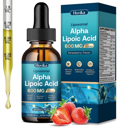 [BRSRECQFPMMB4G3L] Liposomal Alpha Lipoic Acid Liquid Drops 600mg - Neuropathy Supplements Liquid for Nerve, Energy & Metabolic Support with Benfotiamine, Turmeric, Selenium & C, E & B12, Strawberry 2 Fl Oz