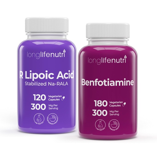 [BRSRE2QTAUJQYHI4] LongLifeNutri Bundle Benfotiamine 300 mg, 180 caps + R‑Alpha Lipoic Acid 300 mg, 120 caps – Dual Nerve, Blood‑Sugar & Cellular Energy Support – Non‑GMO, Made in USA