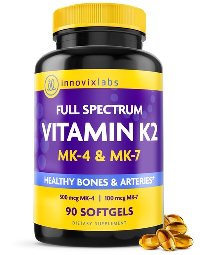 [BRSWIBTRBUNRWDTA] InnovixLabs Full Spectrum Vitamin K2-90 Softgels with 600 mcg of Trans Form MK7 and MK4 - Supports General Health and Bone Strength - Soy and Gluten Free K2 Vitamin Supplement