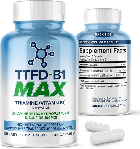 [BRSRGFACAQMQ43DV] MAXLIFE NATURALS TTFD Thiamine B1 Supplement – 180 Capsules, High Potency Vitamin B1 Thiamine Supplement to Supports Optimal Nerve Function, TTFD-B1 Max Formula with Magnesium, Made in USA