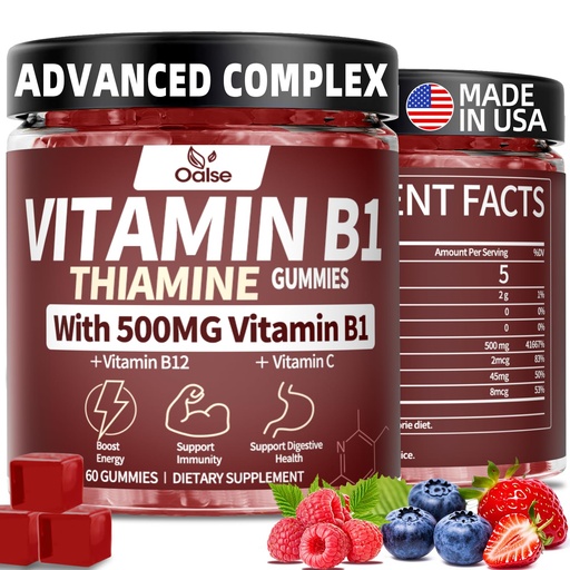 [BRSRAAI2B4CWAF3L] Thiamine Vitamin B1 Gummies - 500g Vegan Sugar Free Thiamine Supplement, with Natural Mixed Berries Flavor for Adults & Kids (60 Counts) Focus Supplement