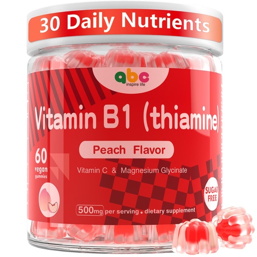 [BRSRACAKCUGRODI2] Vitamin B1 Gummies 300mg for Adults & Kids,Chewable Thiamine B1 Supplement with 150mg Magnesium,Nervous System Healthy Energy,Natural Peach Flavor,Non GMO,Vegan 60 Count Sugar-Free 1-Month Supply