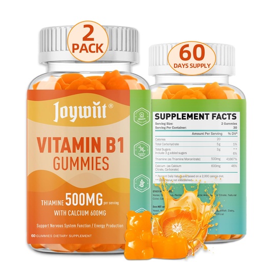 [BRSRA2YQOR4B4DI7] Vitamin B1 Gummies 500mg, Thiamine B1 Supplement for Adults, with 600mg Calcium Citrate, Support Nervous System, Vegan, Chewable Natural Orange Flavor