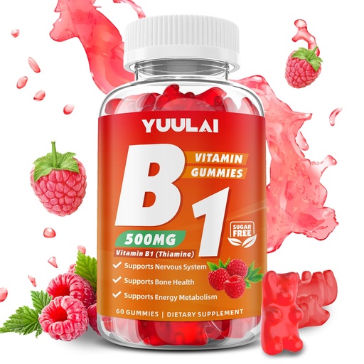 [BRSRAAIBDMCBQADD] Vitamin B1 Gummies 500mg for Adults & Kids, Thiamine B1 Supplement with Magnesium, Vitamin B1 Supplement for Nervous System Supports & Boost Energy, Raspberry Flavor, 60 Count