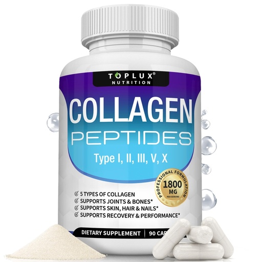 [BRSWGAITAACR6FL7] Toplux Multi Collagen Peptides Pills 1800 Mg Complex - Type I, II, III, V, X Premium Collagen Complex for Better Skin & Hair, Strong Joint, Hydrolyzed Protein, for Men Women, 90 Capsules, Supplement