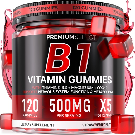 [BRSRAFLYPIBAOD32] Vitamin B1 Gummies – Sugar-Free Thiamine Supplement with CoQ10 & Magnesium – B1 Gummies for Adults – 120 Gummy Supplement, 2-Month Supply