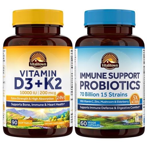 [BRSREGARAUNGOCIU] Vitalitown D3 K2 & Immune Probiotics 70B Bundle - Vitamin D3 K2 Supplement (10,000 IU & 200 mcg) + Probiotics (70 Billion CFU, 15 Strains) for Immune, Bone, and Digestive Support