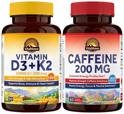 [BRSRGCT7OANQ2D3X] Vitalitown Vitamin D3 + K2 Softgels & Caffeine Capsules Bundle, Non-GMO, Gluten Free, 2-Pack