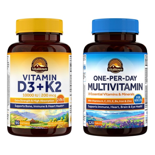 [BRSRGFDYBYHAAFLJ] Vitalitown Vitamin D3 K2 & Daily Multivitamin Bundle (Pack of 2) | Vitamin D3 10000 IU + K2(Item 1) & Multivitamin with Iron & Zinc (Item 2)