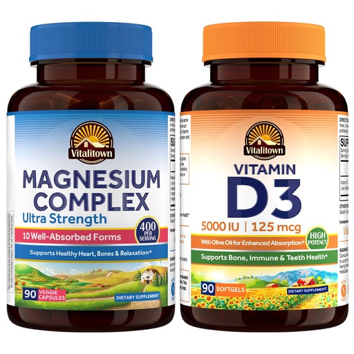 [BRSREHYPOYHGEYLO] Vitalitown Vitamin D3 (90 Softgels) + 10 in 1 Magnesium Complex (90 Caps) – Comprehensive Support for Immune, Heart & Energy