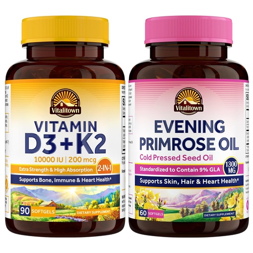 [BRSREH37BYIBGF3P] Vitalitown Women's Daily Essentials Bundle: Advanced D3 K2 Complex + Cold-Pressed Evening Primrose Oil, Complete Bone, Skin & Hormonal Support System