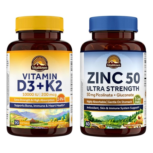 [BRSRGGL7AF5BAE37] Vitalitown Vitamin D3 K2 + Zinc Supplement Bundle (Pack of 2) | D3 10,000 IU with K2 MK7 (Item 1) & Chelated Zinc 50 mg Supplement (Item 2) | 90 Softgels + 60 Veggie Capsules