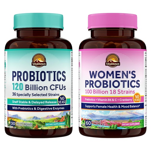 [BRSRAGL3DICA4AL7] Vitalitown Probiotic Bundle (Pack of 2) | Probiotics 120 Billion CFUs (Item 1) & Women’s Probiotics P5P (Item 2) | Shelf Stable | Gut, Immune, Vaginal & Hormone Health