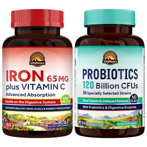 [BRSRAAIPB57QGGY4] Vitalitown Probiotic + Iron Supplement Bundle | Probiotics 120 Billion (Item 1) & 65mg Iron Suplement (Item 2) | Gut, Bone, Muscle, Blood Building, Energy | Vegan | 30 Capsules & 60 Tablets