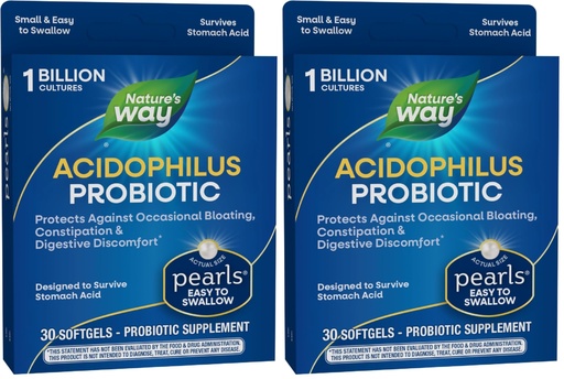 [BRSRGGQLBYNGACDO] Nature's Way Acidophilus Probiotic Pearls,Supports Digestive Balance & Gut Health,Reduce Occasional Constipation and Bloating*,1 Billion Cultures,30 Softgels,(Pack of 2)