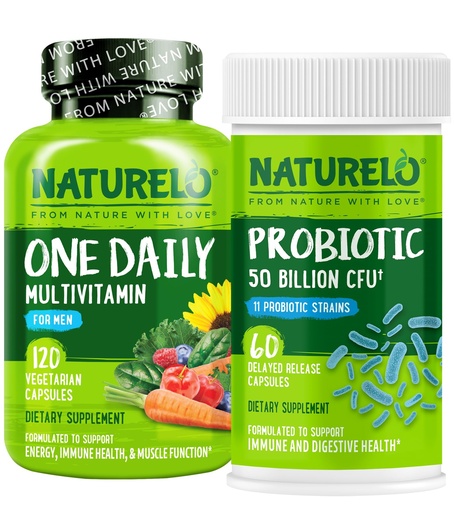 [BRSWYZQ3OUCR4DY6] NATURELO Probiotics for Digestive Health - 60 Vegetarian Capsules and One Daily Multivitamin for Men, 120 Vegetarian Capsules Bundle