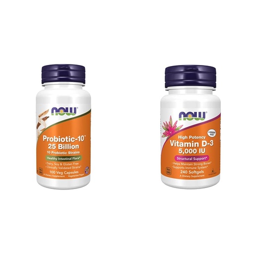 [BRSRMCA5PMPGECY4] Bundle of NOW Supplements, Probiotic-10™, 25 Billion, with 10 Probiotic Strains, Dairy, 100 Veg Capsules + NOW Supplements, Vitamin D-3 5,000 IU, High Potency, Structural Support*, 240 Softgels