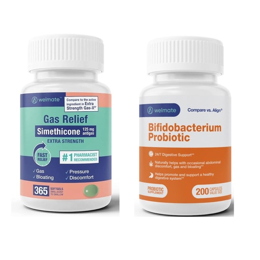 [BRSROBT5OQAQYYDP] WELMATE Comprehensive Gut Health Bundle: Extra Strength Gas Relief Simethicone 125mg (365 Softgels) + Bifidobacterium Probiotic for Digestive & Immune Support (200 Count) | Fast-Acting, Gluten-Free