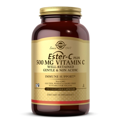 [BRSWIYTYO4GRUE3Y] Solgar Ester-C Plus 500 mg Vitamin C (Ascorbate Complex), 250 Vegetable Capsules - Gentle & Non Acidic - Antioxidant & Immune Support - Non GMO, Vegan, Gluten Free, Kosher - 250 Servings