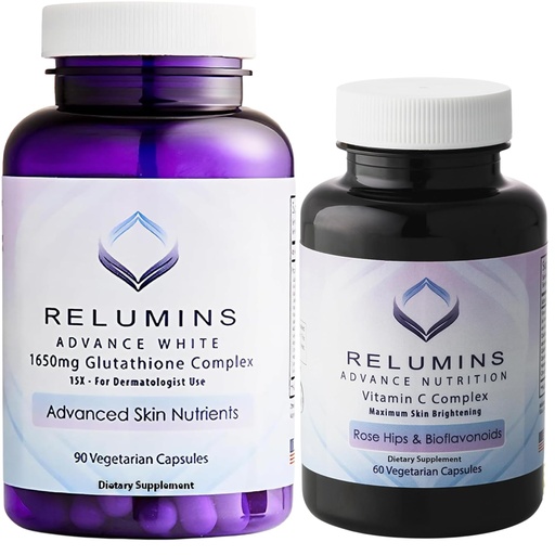 [BRSROAAKCQBQIGY4] Relumins Advanced White Set - 1650mg Glutathione Complex (90 Capsules) and Advanced Vitamin C with Rose HIPS and Bioflavonoids (60 Capsules) Bundle, 1 Month Supply