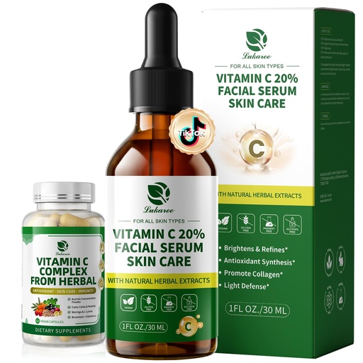[BRSREHACCMDW2CLA] Vitamin C Serum for Face, 20% Brightening Face Serum with Sodium Hyaluronate for Dark Spots & Fine Lines – Support Collagen & Skin Radiance, Plus Vit C Caps for Inside-Out Support, 1 Fl Oz + 60 Caps
