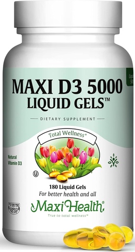 [BRSWKYYKCQCRGDTY] Maxi Health D3 5000 Liquid Gels - Natural Vitamin D3 - Nutrition Supplement - 180 Capsules - Kosher