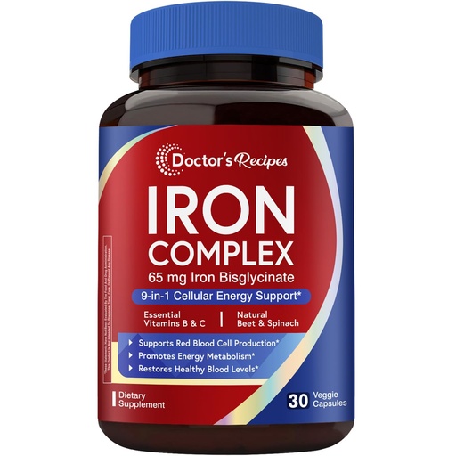 [BRSRABQ5OIBB6DL4] Doctor's Recipes Iron Supplement for Women, 65 mg Iron Bisglycinate, w/Vitamins C, B6, Folic Acid & B12, Beet Root & Spinach, Energy Production & Blood Health, Stomach Friendly, 30 Vegan Capsules