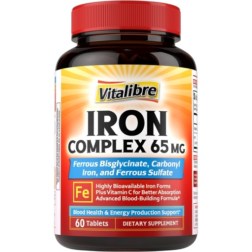 [BRSRACQZPMOQKYI6] Iron Supplement, 3-in-1 65mg Iron Complex Ferrous Bisglycinate, Sulfate, Carbonyl Iron with Natural Vitamin C, Stomach Friendly Iron Pills for Blood Building, High Absorption, Non GMO, 60 Vegan Tabs