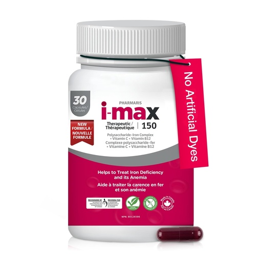 [BRSRAZILAQIAAHTZ] Pharmaris i-max Iron Supplement 150 mg, Vitamin C 250 mg & B12 1000 mcg, Iron Supplement for Women & Men, No Artificial Dyes, Vegan, Once Daily, 30 Capsules