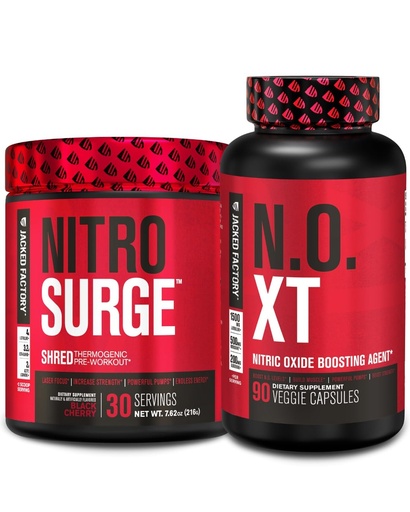 [BRSRMAQQCMCREAD2] Jacked Factory Nitrosurge Shred Thermogenic Pre-Workout in Black Cherry & N.O. XT Nitric Oxide Booster for Men & Women