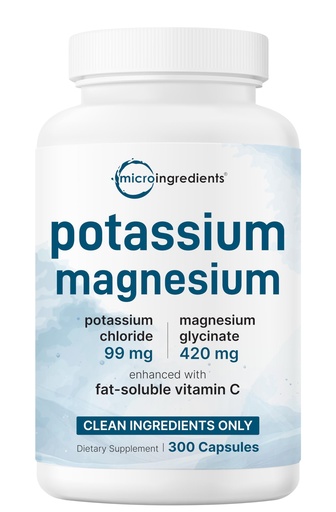 [BRSRAHQFB4FWCDLB] ﻿﻿Pure Potassium Supplement with Magnesium Glycinate, 300 Capsules | Enhanced with Fat-Soluble Vitamin C | Chloride + Glycinate Mineral Electrolyte Complex | Only Active Ingredients | Filler Free