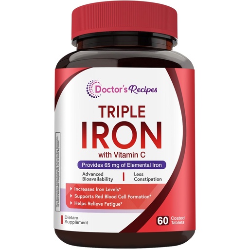 [BRSRABQ5AQNQYELK] Doctor's Recipes Iron Supplement for Women & Men, 65mg from Ferrous Bisglycinate Sulfate Carbonyl Iron, Non-Constipating, Vitamin C for Optimal Absorption, Energy, Blood Support, 60 Tabs
