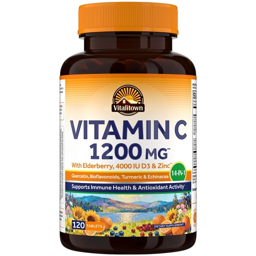 [BRSREGQLO4GQG2TF] Vitalitown Vitamin C Complex 1200mg with Elderberry, Vitamin D3, Zinc, Quercetin, Rose Hips, Bioflavonoids, Turmeric & Echinacea, 120 Tablets, Non-GMO