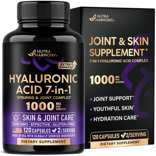 [BRSREZIECUNQME34] Hyaluronic Acid Supplements 1000 mg - Collagen | MSM | Boswellia | Vitamin D3, C & E - Hyaluronic Acid Capsules - Skin Hydratation & Joint Comfort Support - 7-in-1 Complex - Lab Tested - 120 Capsules