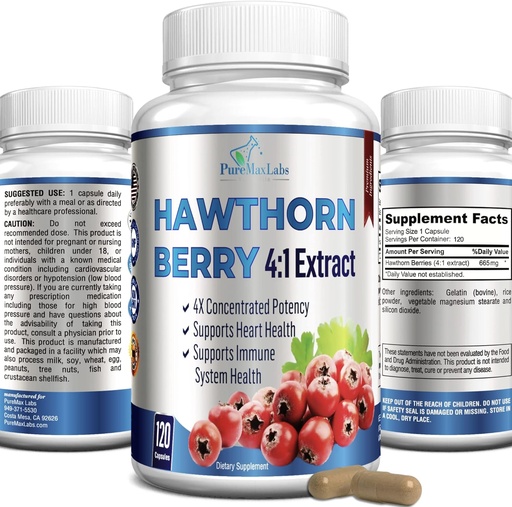 [BRSW2BT7BMFBQFDP] Hawthorn Berry 4:1 Extract (120 Capsules) Immune System Support, Super Antioxidant, Hawthorn Berry Capsules Concentrated from 2660mg Berries