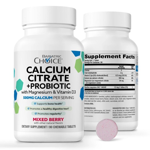 [BRSREEL2OENWYHL3] Bariatric Choice Chewable Calcium Citrate 500mg with Vitamin D3, Magnesium & Probiotics for Bariatric Surgery Patients Including Gastric Bypass & Sleeve Gastrectomy, Sugar-Free -Berry Flavor, 90 Count