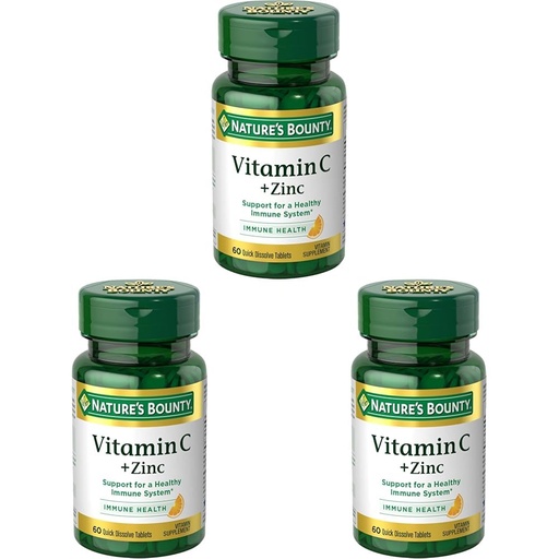 [BRSRGFTRAUGR6YL6] Nature's Bounty Vitamin C + Zinc, Vitamin Supplement, Supports Immune Health, 60 mg, 60 Tablets (Pack of 3)