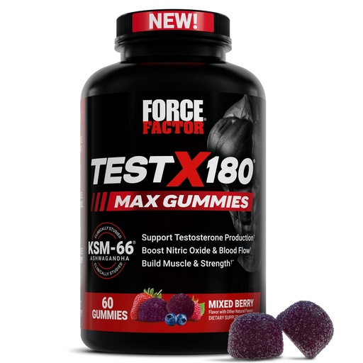 [BRSREHT5BUMQAE3K] Force Factor Test X180 Max Gummies, Testosterone Booster Supplement for Men, with KSM-66 Ashwagandha to Support T Levels, Strength & Vitality, Mixed Berry, 60 Gummies