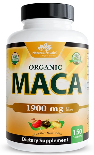 [BRSWKH32OV5RADA2] NaturaLife Labs Organic Maca Root – Black, Red & Yellow – 1900 mg per Serving – 150 Capsules – Gelatinized Peruvian Maca – Non-GMO, Gluten-Free, Vegan