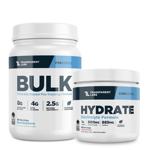 [BRSRAYA3DJ6GEYDU] Transparent Labs Bulk Pre Workout Powder for Muscle Building & Strength 30 Servings, Blue Raspberry & Hydrate Electrolytes Powder with Coconut Water, Taurine, & Potassium 40 Servings, Tropical Punch