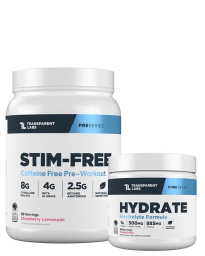 [BRSRE2YOCUPWYEQ3] Transparent Labs Stim-Free Pre-Workout (30 Servings, Strawberry Lemonade) & Hydrate Electrolytes Powder (40 Servings, Tropical Punch)
